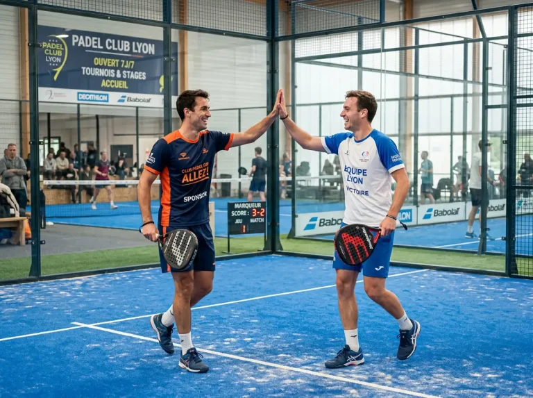 Deux joueurs de padel se tapant dans la main sur le court, illustrant la dynamique de paire dans les paris padel