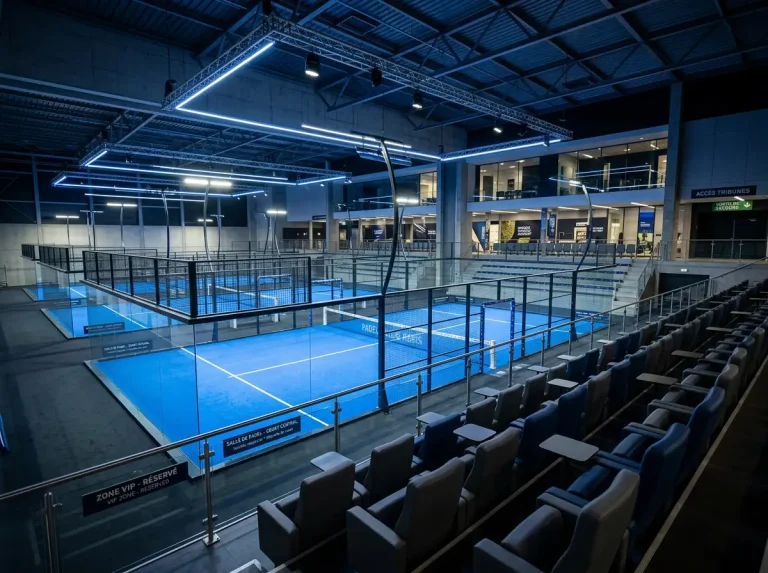 Court de padel professionnel en France avec tribune, symbolisant l'arrivée d'un nouvel opérateur de paris sur le marché français