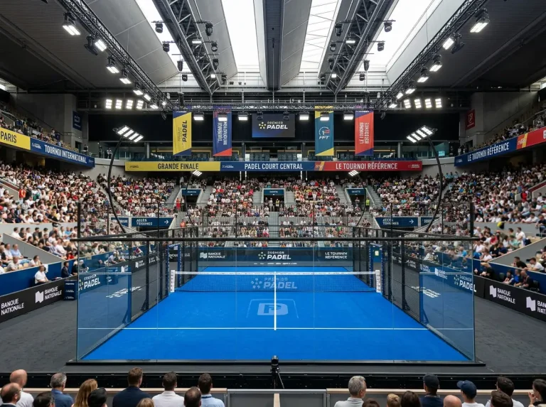 Court central d'un tournoi Premier Padel avec tribune et éclairage professionnel, illustrant le calendrier des compétitions