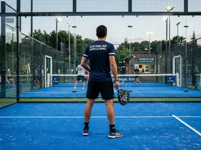 Joueur de padel sur un court vitré avec une raquette de padel, illustrant un guide pour débutants sur les paris sportifs padel