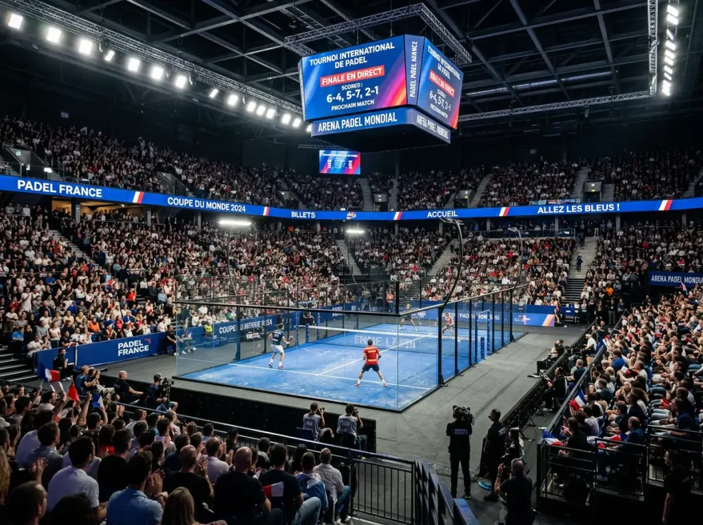 Tribune remplie de spectateurs lors d'un tournoi Premier Padel, illustrant les compétitions ouvertes aux paris sportifs