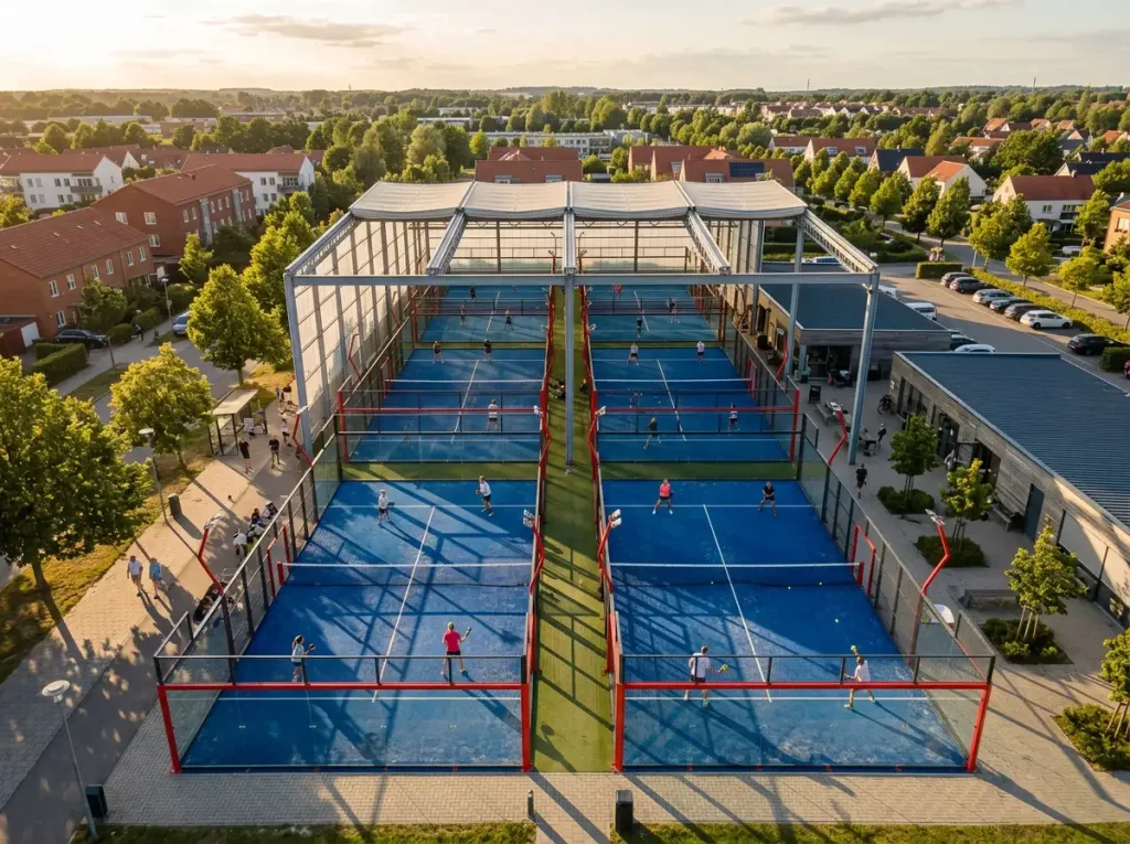 Vue aérienne de plusieurs courts de padel occupés par des joueurs lors d'un tournoi international