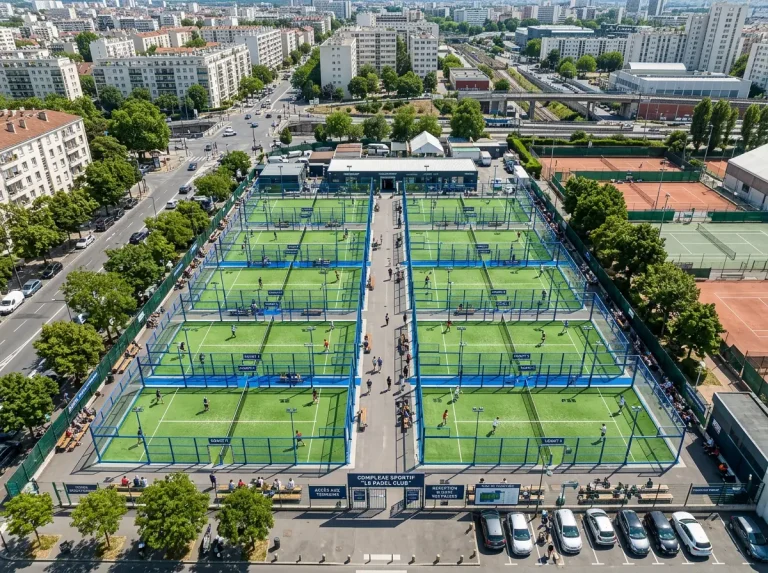 Vue aérienne de plusieurs courts de padel occupés, illustrant la croissance mondiale du padel en chiffres
