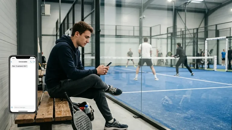 Joueur de padel débutant regardant son téléphone sur le bord du court, illustrant les erreurs courantes des nouveaux parieurs
