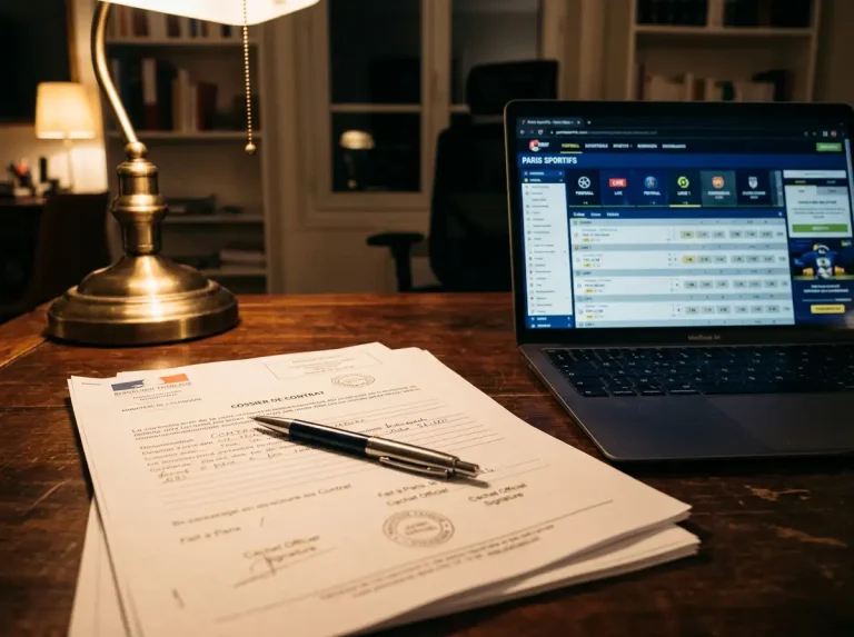 Documents officiels et stylo sur un bureau à côté d'un écran montrant des cotes padel, illustrant la fiscalité des paris sportifs