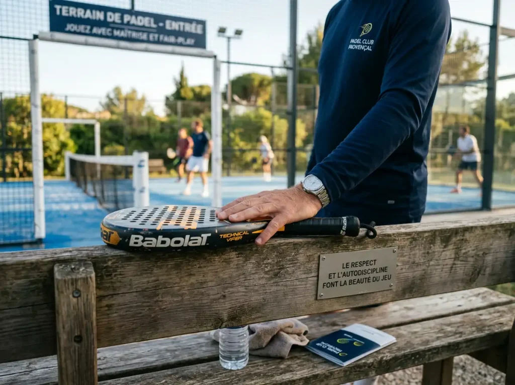 Main posée sur une raquette de padel sur un court, symbolisant la maîtrise et le jeu responsable dans les paris sportifs