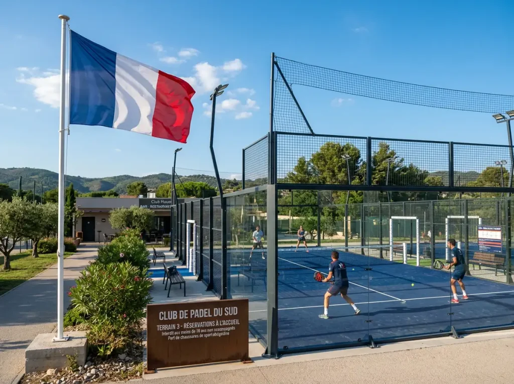 Drapeau français à côté d'un court de padel, symbolisant la réglementation des paris padel en France