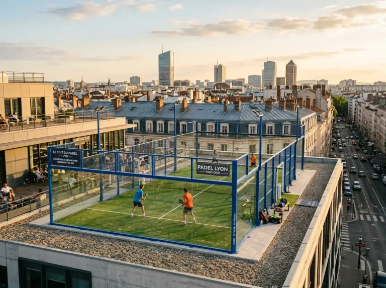 Vue de Paris avec la silhouette de la Tour Eiffel et un court de padel au premier plan, symbolisant le marché français des paris sportifs