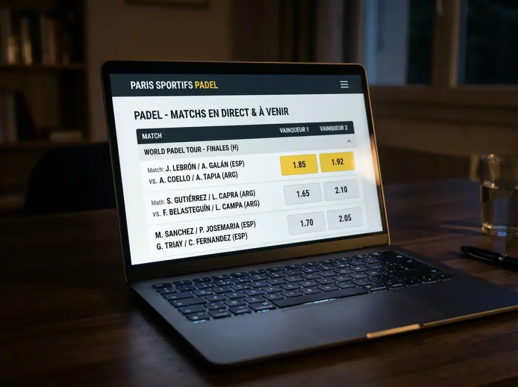 Écran d'ordinateur affichant des cotes de paris padel, illustrant le calcul de la marge des bookmakers