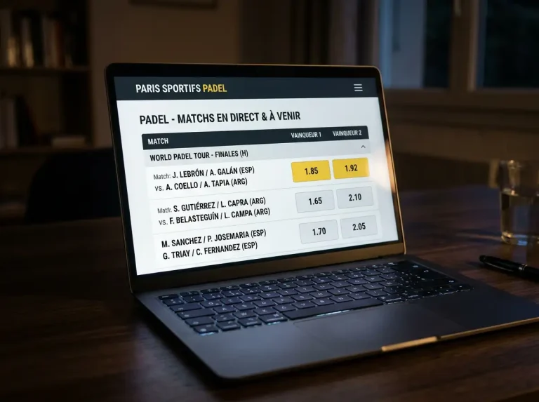 Écran d'ordinateur affichant des cotes de paris padel, illustrant le calcul de la marge des bookmakers