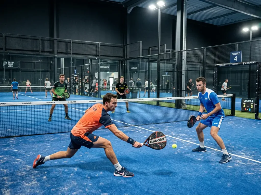 Quatre joueurs disputant un match de padel en double sur un court indoor en France