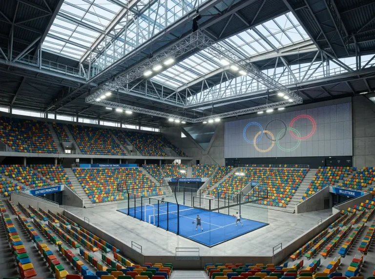 Court de padel dans un stade olympique, illustrant la candidature du padel pour les Jeux Olympiques et son impact sur les paris