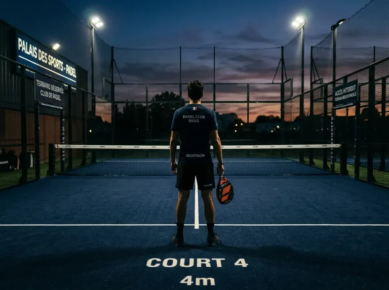 Joueur de padel de dos regardant un court vide, évoquant la pression de l'intégrité sportive