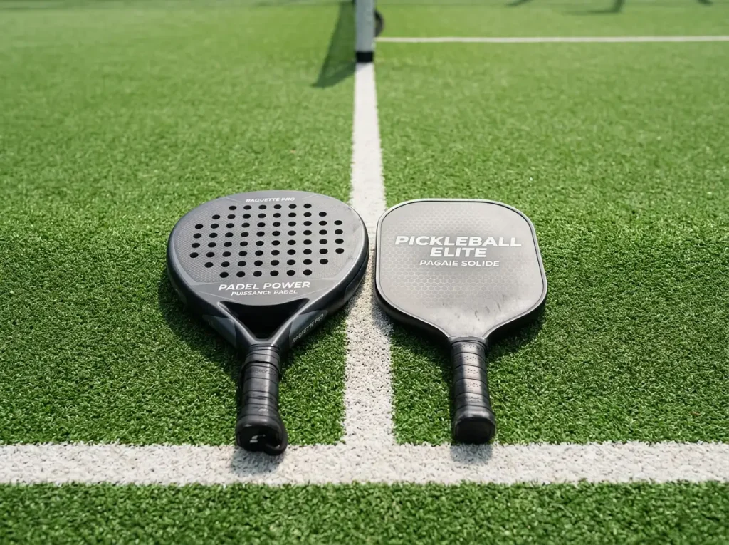 Raquette de padel et raquette de pickleball posées sur un court, comparaison de deux sports émergents pour les paris sportifs