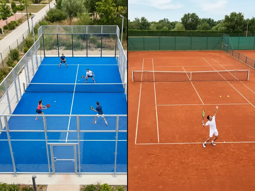 Vue partagée d'un court de padel avec parois vitrées et d'un court de tennis en terre battue