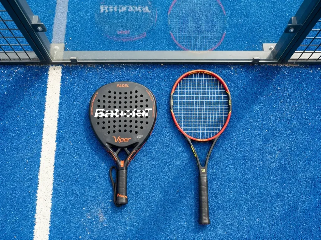 Raquette de padel et raquette de tennis côte à côte sur un court, illustrant la comparaison entre les deux sports pour les paris