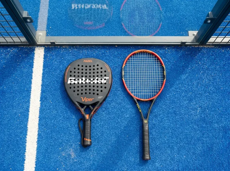 Raquette de padel et raquette de tennis côte à côte sur un court, illustrant la comparaison entre les deux sports pour les paris