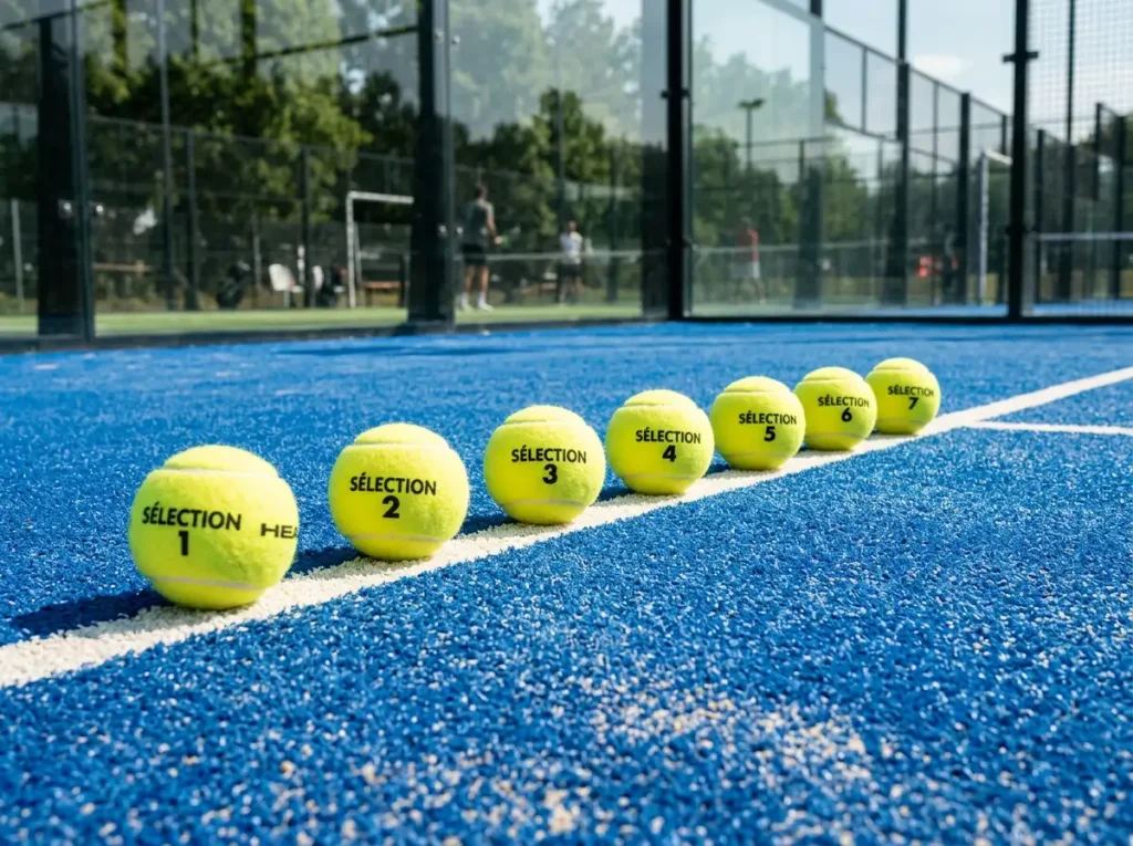Plusieurs balles de padel alignées sur un court, symbolisant les sélections multiples d'un pari combiné