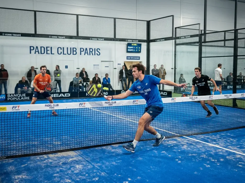 Joueurs de padel en action sur un court français, illustrant la couverture padel des opérateurs historiques