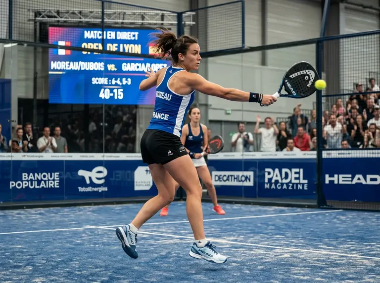 Joueuse de padel frappant une balle lors d'un match professionnel, illustrant le circuit féminin et les paris padel