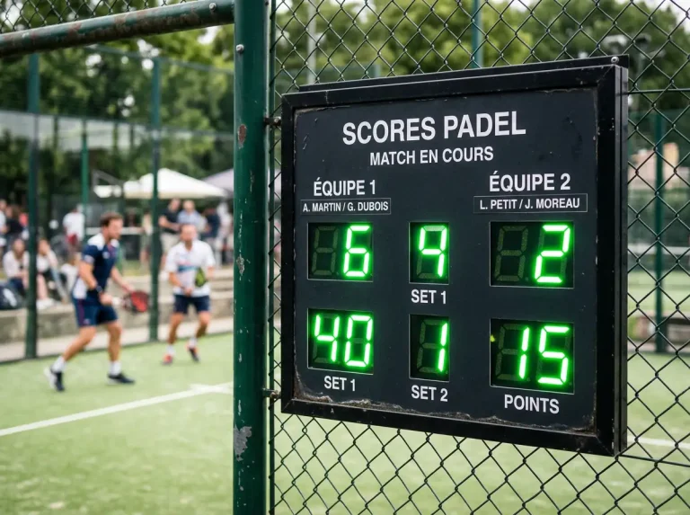 Tableau de score d'un match de padel affichant un écart de jeux entre deux paires, illustrant le concept de handicap