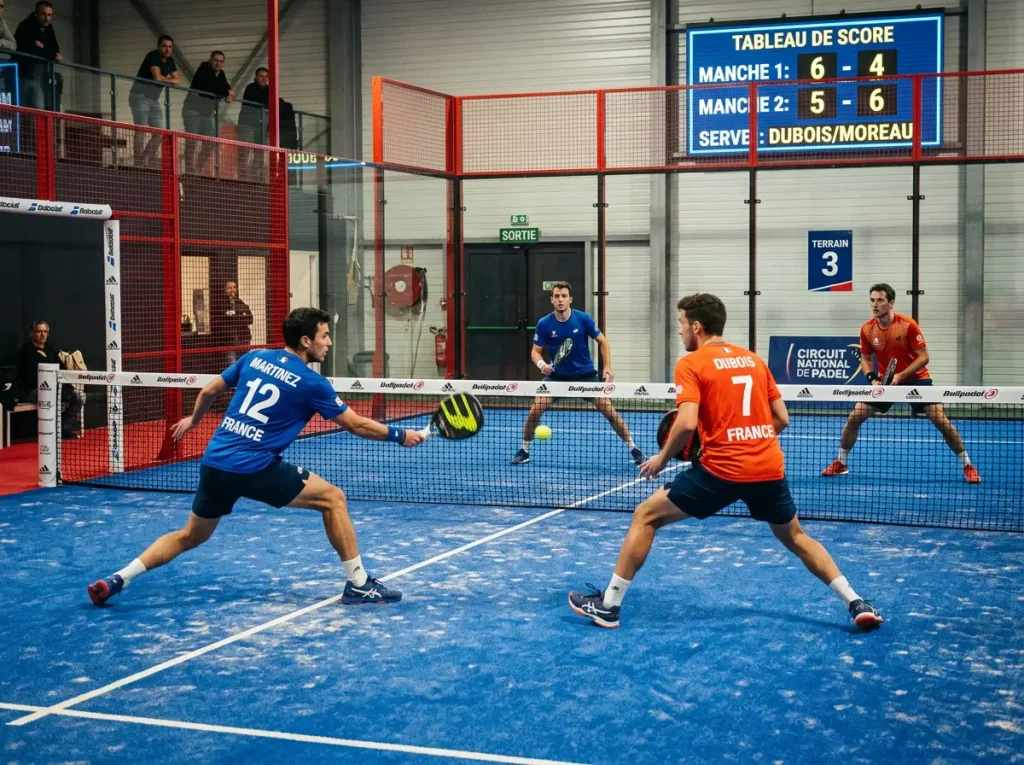 Match de padel en cours avec le score affiché, illustrant le concept de total de jeux over/under