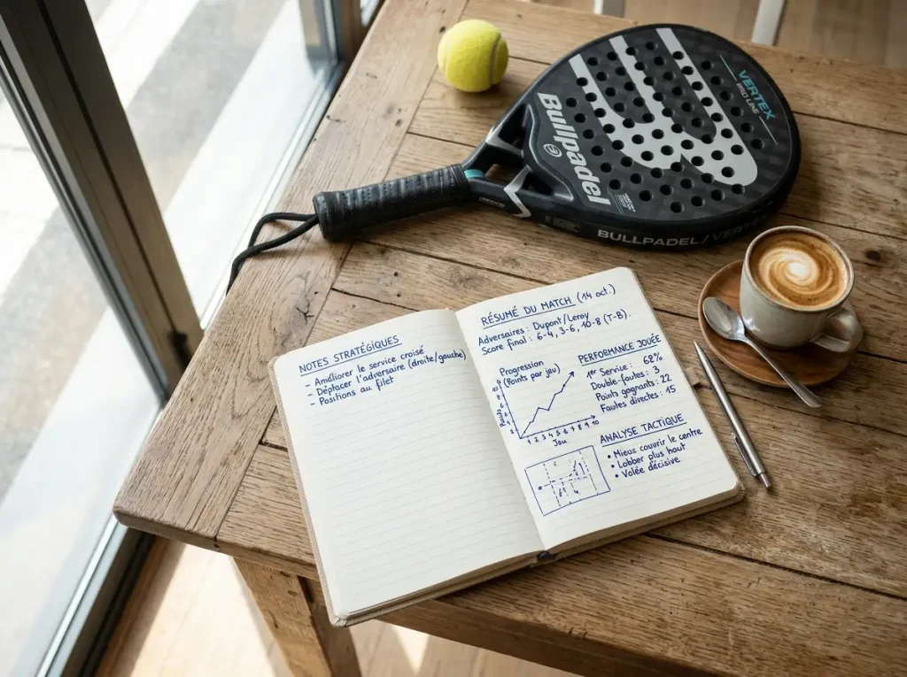 Carnet de notes ouvert avec des annotations à côté d'une raquette de padel, illustrant l'analyse de rentabilité des paris padel