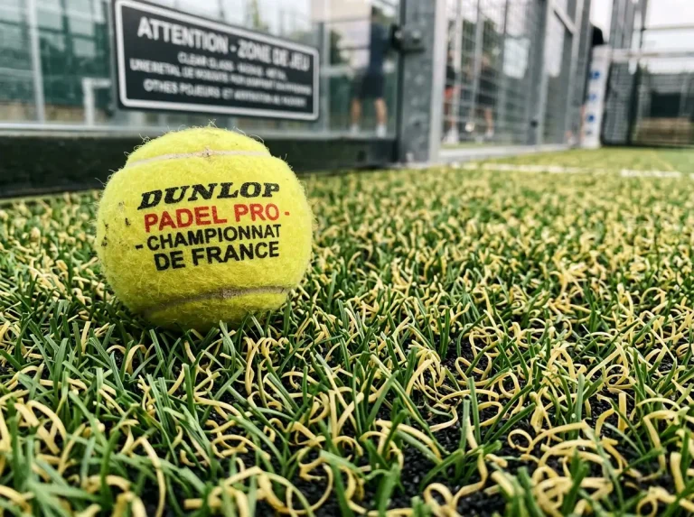 Gros plan sur le gazon synthétique d'un court de padel avec une balle, illustrant l'influence de la surface sur les paris