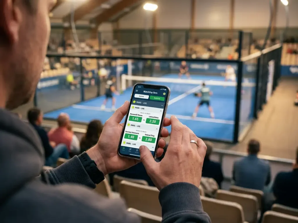 Interface d'un bookmaker affichant des cotes de paris sur un match de padel professionnel