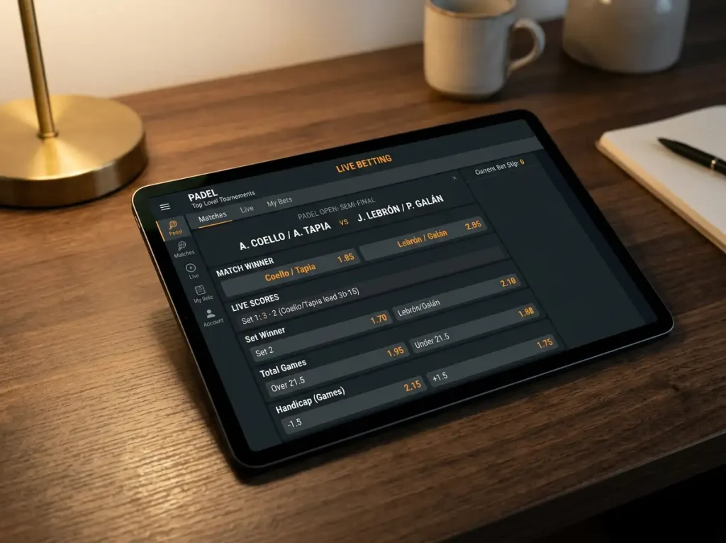 Interface de paris sportifs sur tablette montrant des cotes de matchs de padel pour l'analyse de l'offre bookmaker