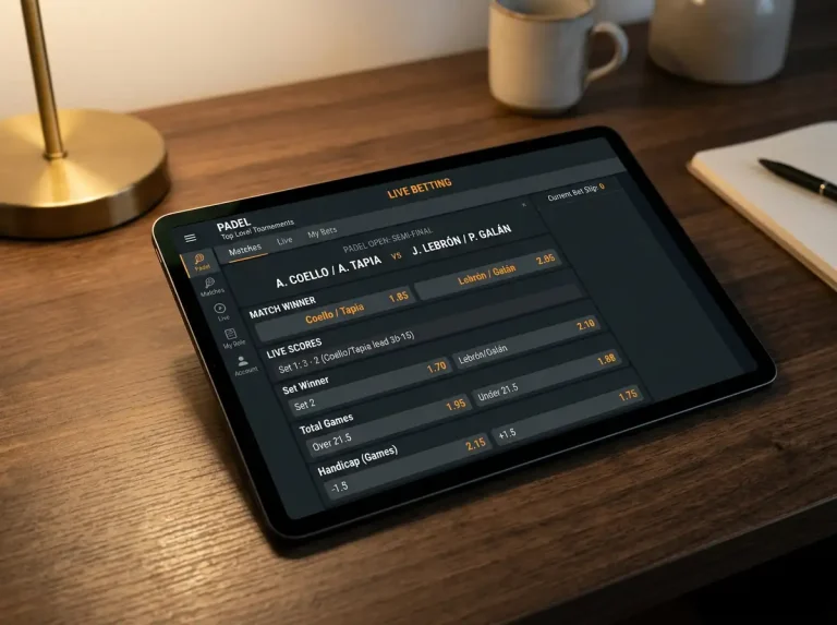 Interface de paris sportifs sur tablette montrant des cotes de matchs de padel pour l'analyse de l'offre bookmaker